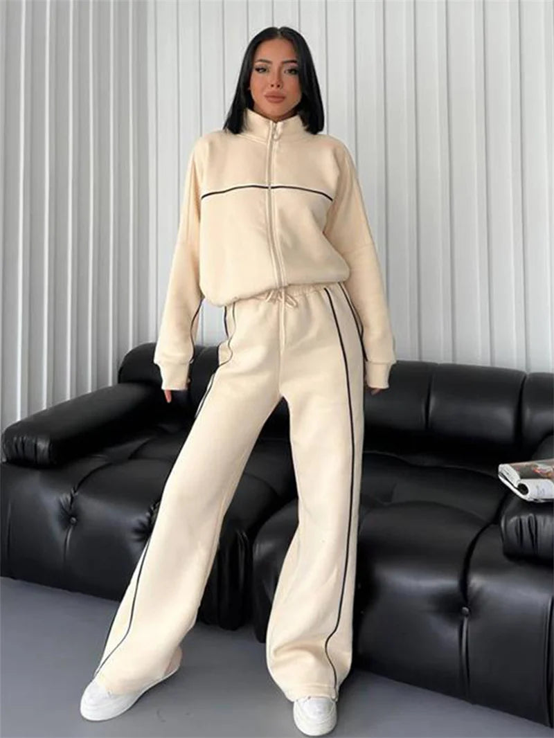 Women's Striped 2-Piece Tracksuit – Zip Jacket & Straight Trousers Set