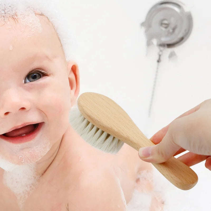 Soft Baby Wood Brush Set Newborn Baby Stuff Natural Wool Comb Infant Hair Brush Head Massager Portable Kid Baby Bath Accessories - Pretty & Polished