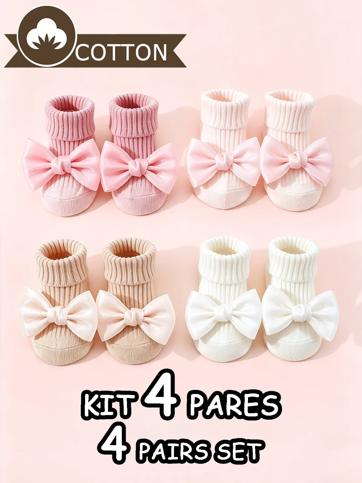 Soft Cotton Baby Girls' Socks with Bow – 4 Cozy Pairs for Tiny Feet