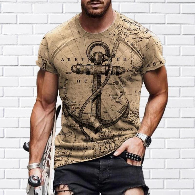 Fashion Vintage Anchor Graphic T-shirt For Men O-neck Short Sleeve T Shirts Retro Street Sports Fitness Breathable Tee Top Pop