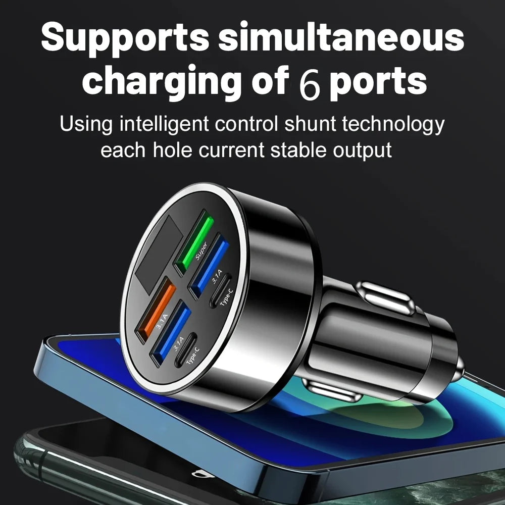 6-in-1 Fast Charging Car Adapter – Dual USB-C Digital Display 3.1A