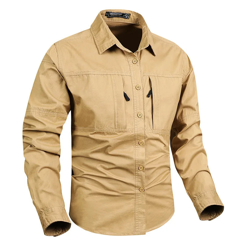 With 2 Chest Zipper Pockets Cargo Shirt Men's Quick Drying Skin Protective Long Sleeve Work Shirt Male Tops Outdoor