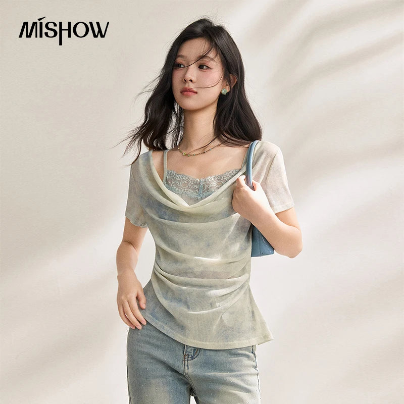 Women's Tie Dye Lace Pleated Top – French Style Swing Collar Blouse