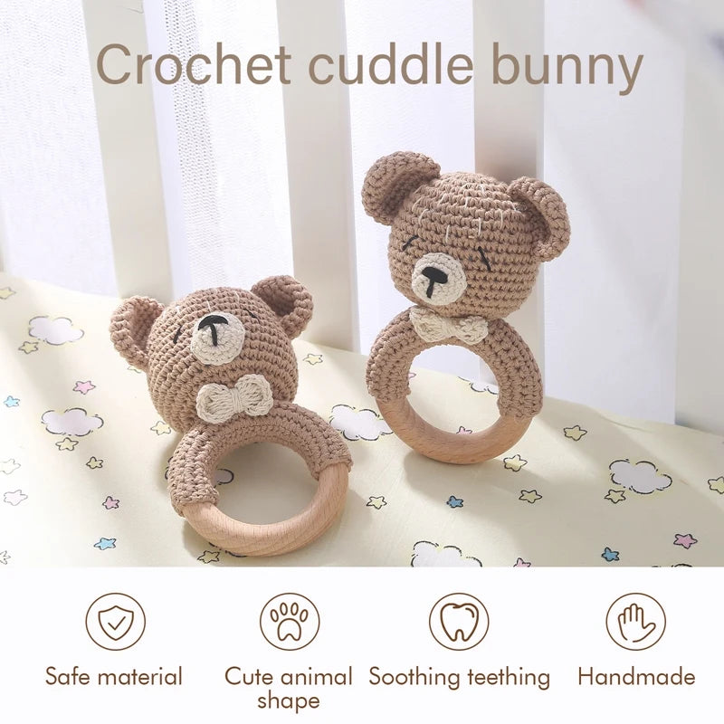Wooden Teether Rattle - Soothing Music Ring with Rabbit Design for Babies - Pretty & Polished