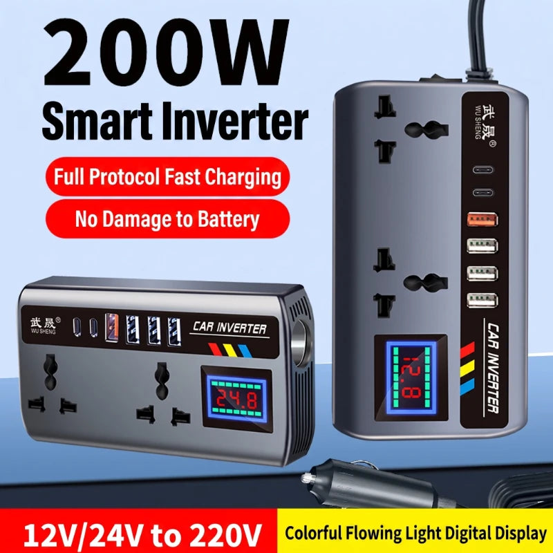 Portable Car Power Inverter – 12V to 110V / 24V to 220V with 4 USB Ports