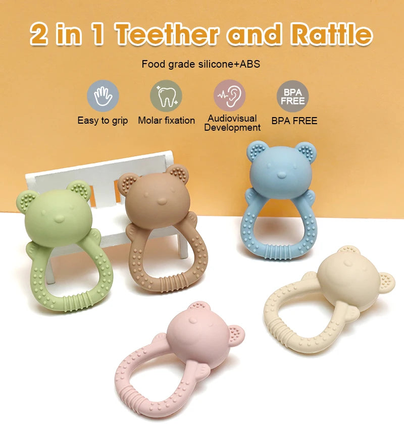 Baby Teether Toy - Cute Bear Shape with Rattle Sound - Soft Silicone, BPA-Free - Soothing Sore Gums for Newborns & Infants - Pretty & Polished