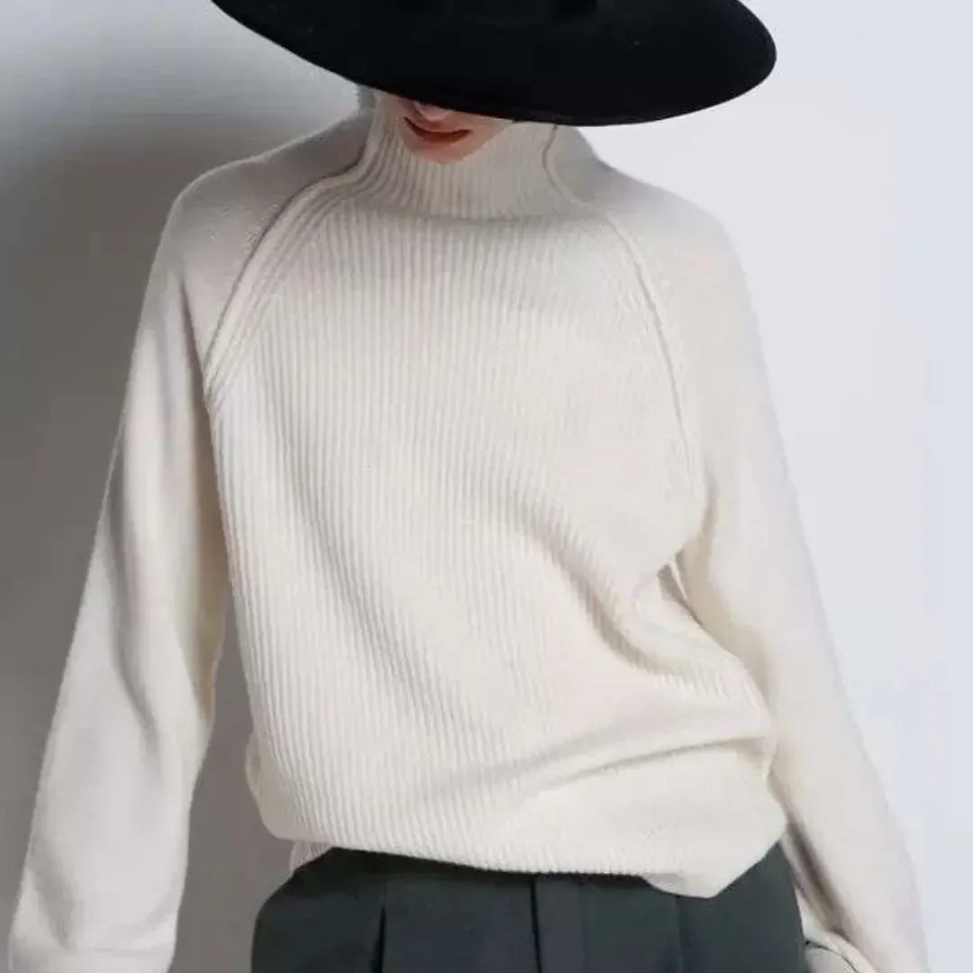 Women's 100% Wool Camel Sweater – High Collar Loose Knit Pullover