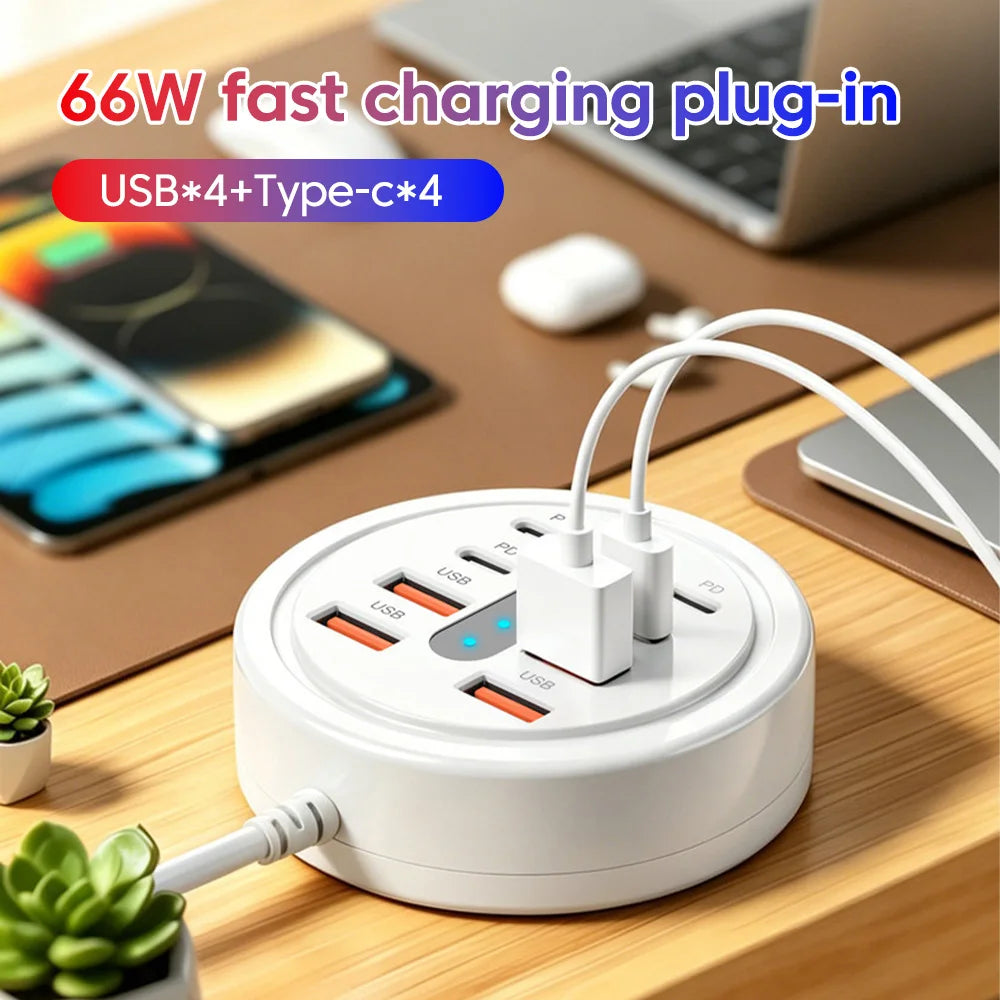 8-Port 66W Fast Charging Desktop Station – 4 USB + 4 USB-C