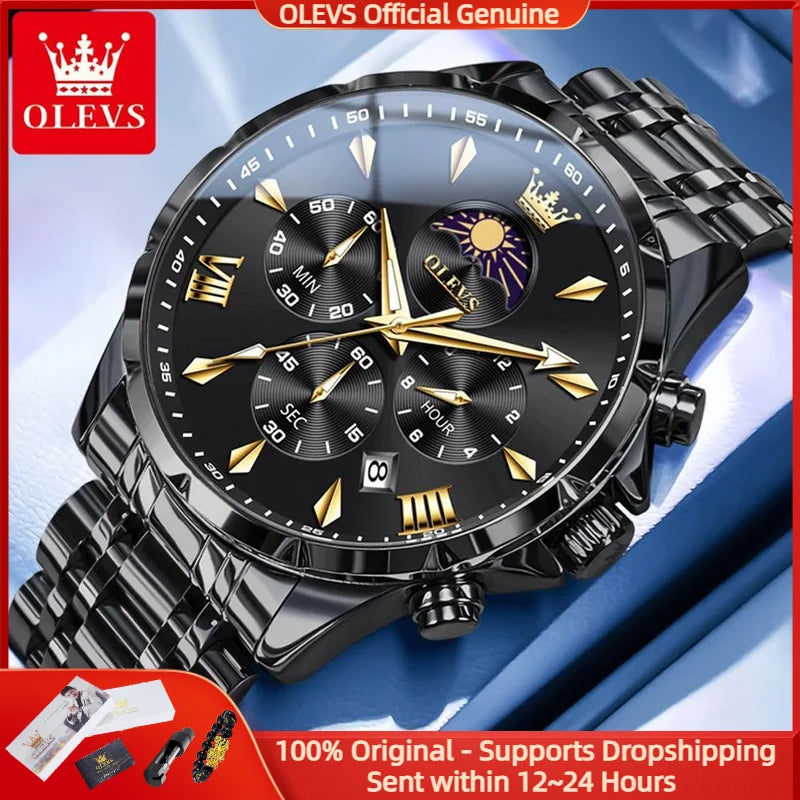 OLEVS Men's Moon Phase Quartz Watch – Luminous 24-Hour Display