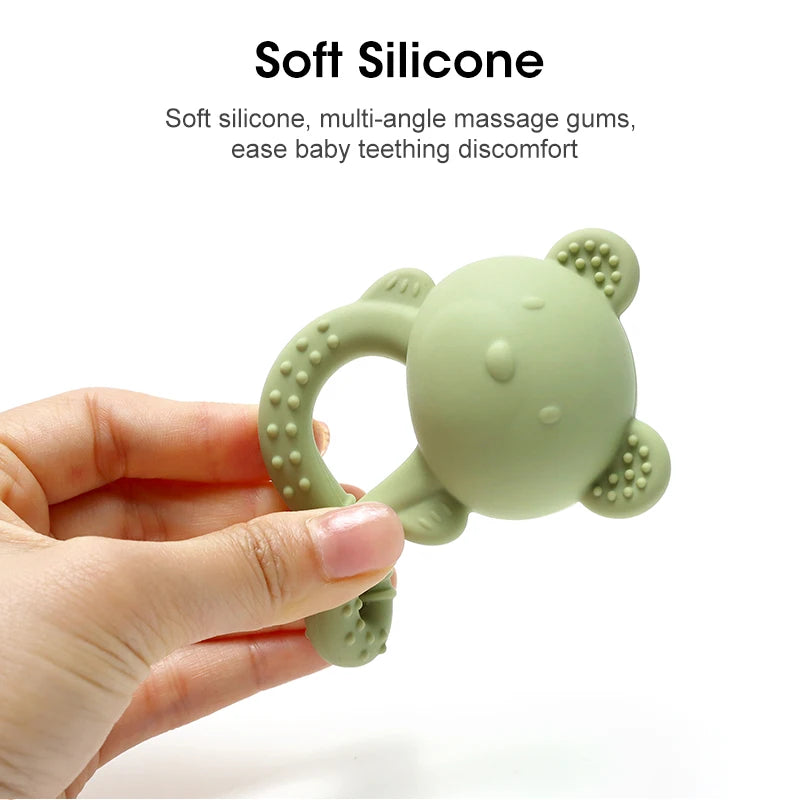 Baby Teether Toy - Cute Bear Shape with Rattle Sound - Soft Silicone, BPA-Free - Soothing Sore Gums for Newborns & Infants - Pretty & Polished