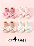 Soft Cotton Baby Girls' Socks with Bow – 4 Cozy Pairs for Tiny Feet