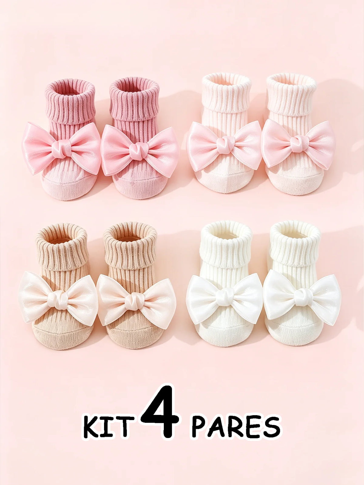 Soft Cotton Baby Girls' Socks with Bow – 4 Cozy Pairs for Tiny Feet