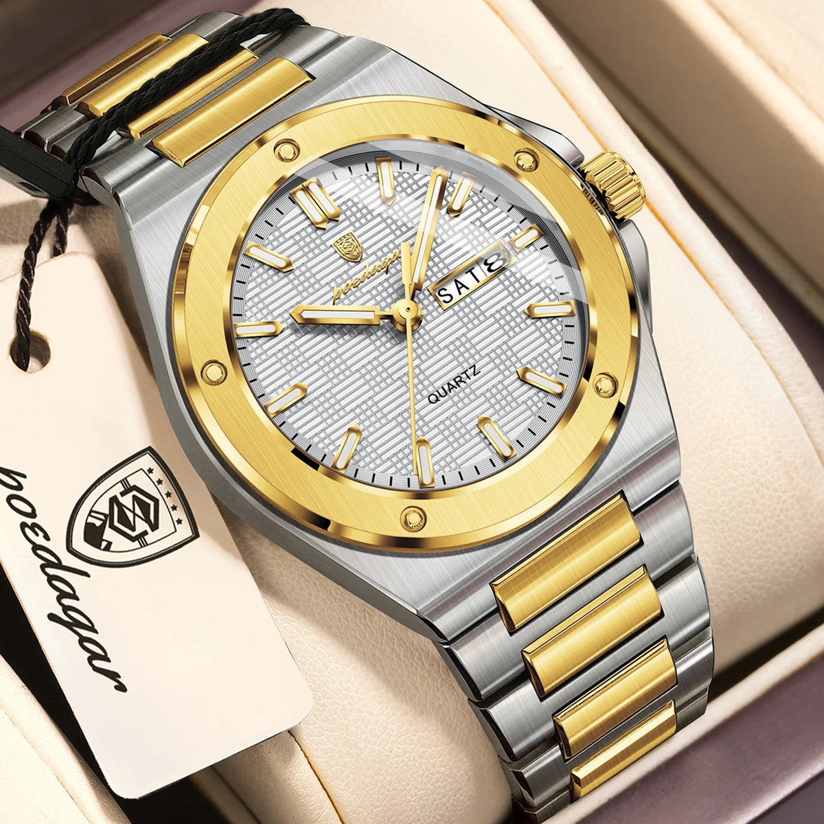 POEDAGAR Men's Classic Quartz Watch – Date Week Luminous Stainless Steel