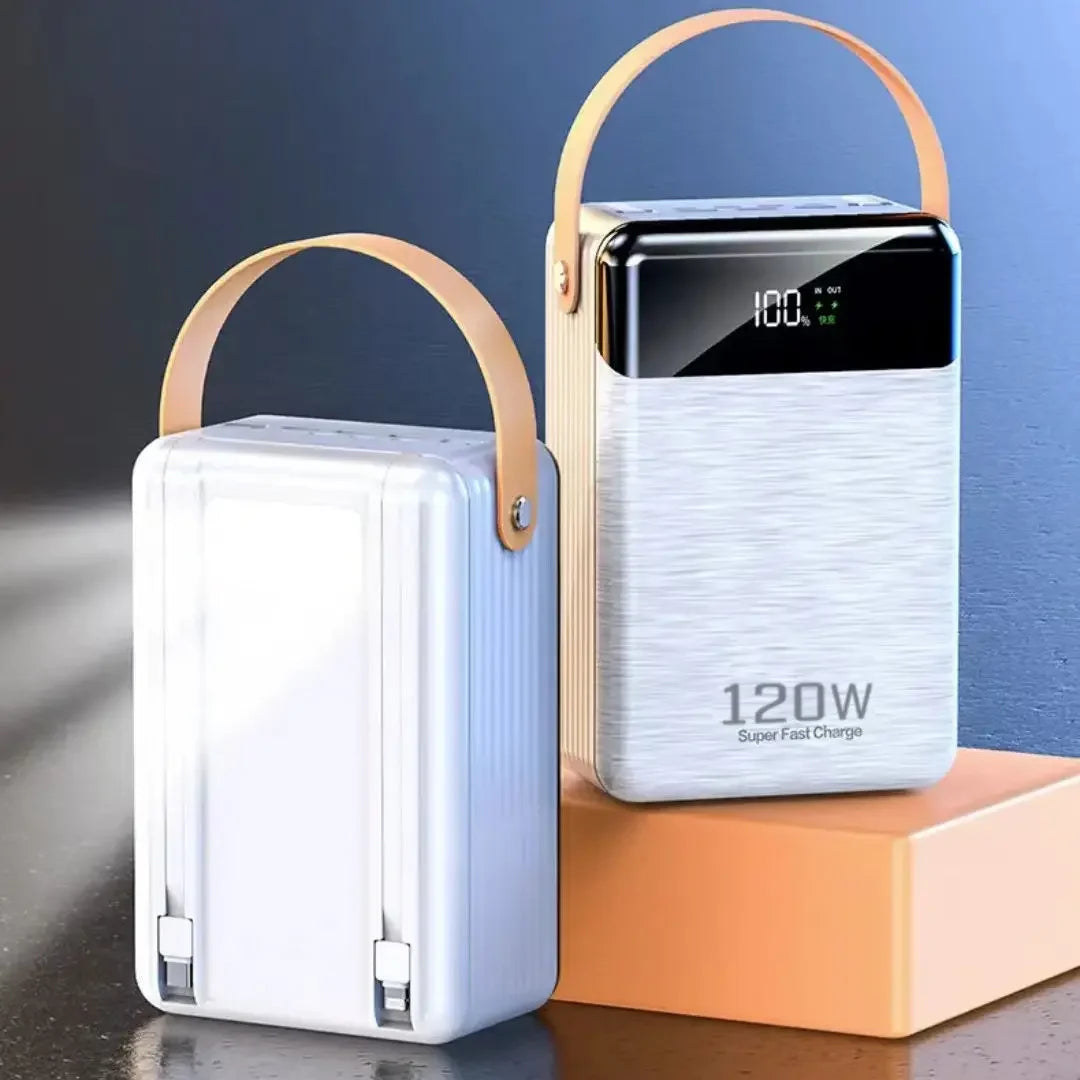 Portable Power Bank with Built-In Dual Cables – 60000mAh–120000mAh 120W