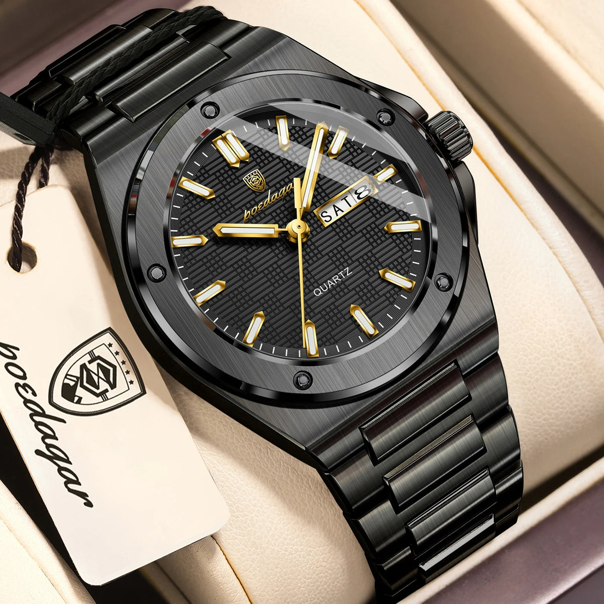 POEDAGAR Men's Classic Quartz Watch – Date Week Luminous Stainless Steel