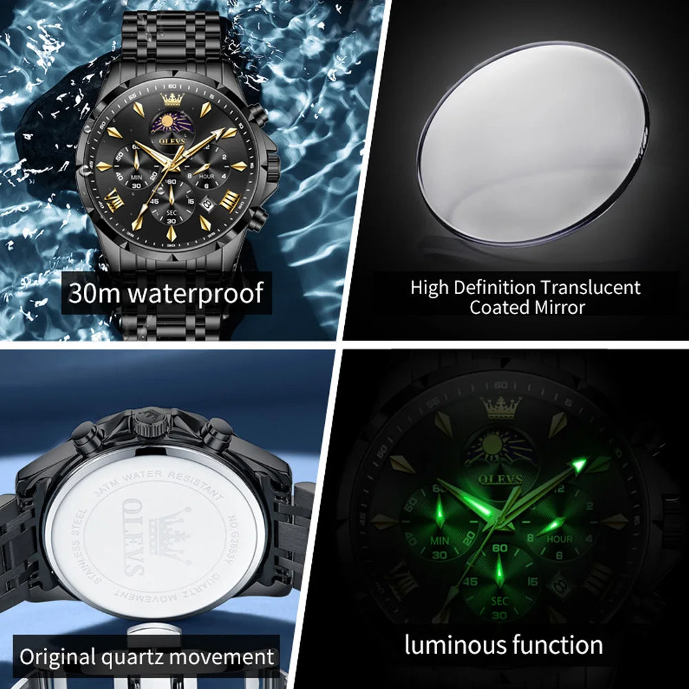 OLEVS Men's Moon Phase Quartz Watch – Luminous 24-Hour Display