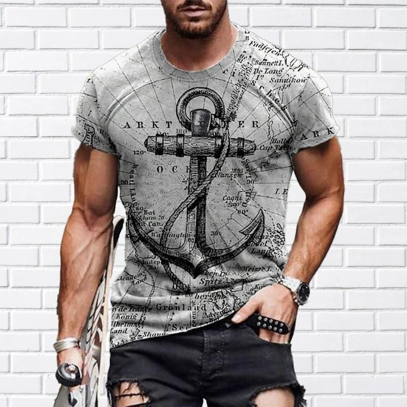 Fashion Vintage Anchor Graphic T-shirt For Men O-neck Short Sleeve T Shirts Retro Street Sports Fitness Breathable Tee Top Pop