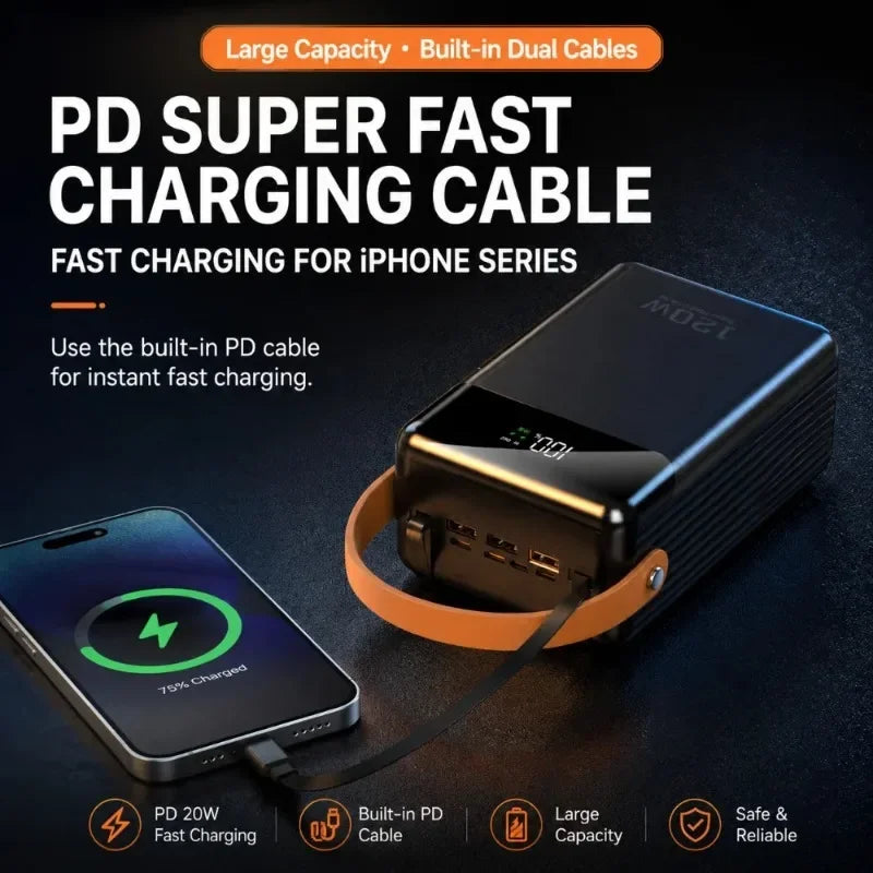 Portable Power Bank with Built-In Dual Cables – 60000mAh–120000mAh 120W