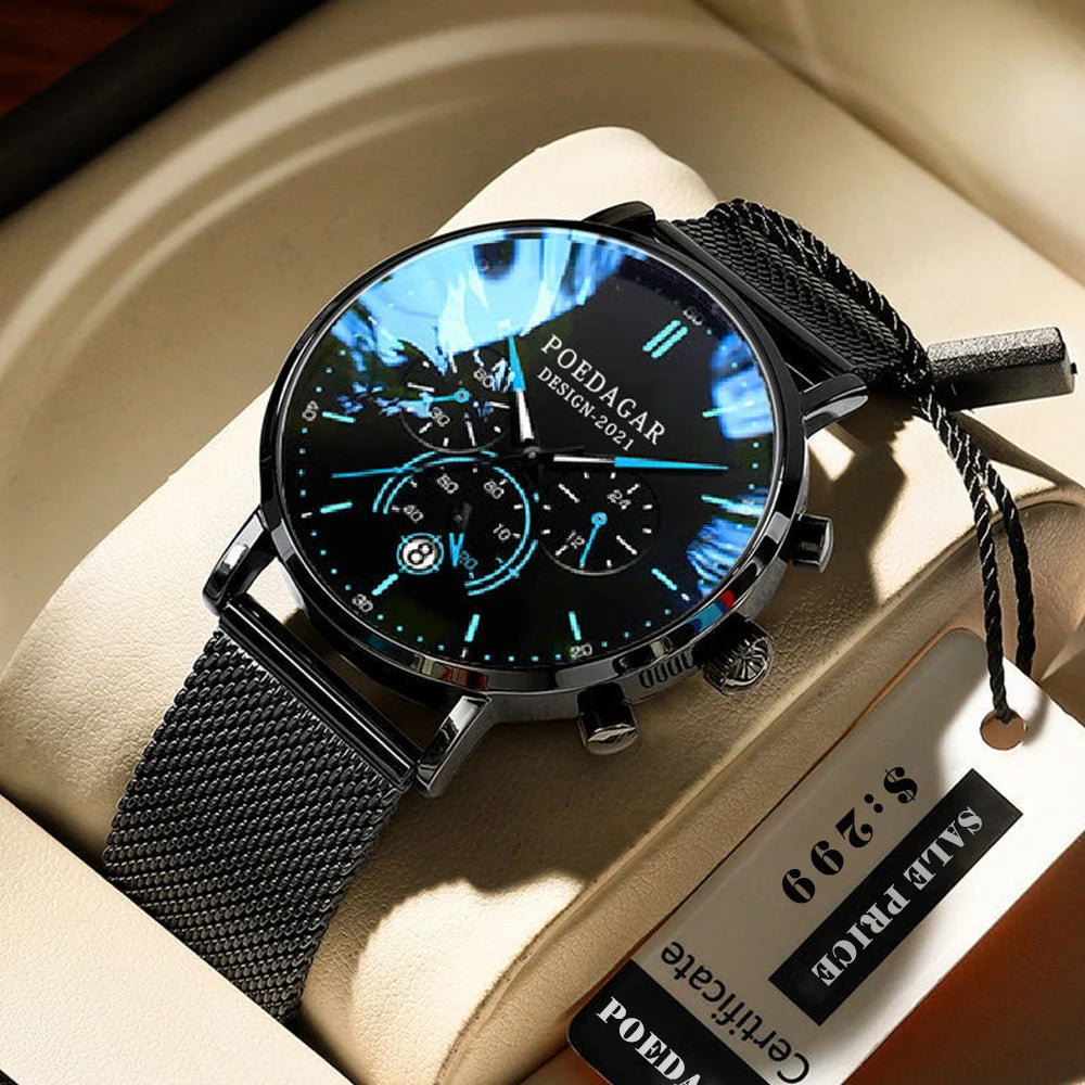 POEDAGAR Men's Slim Chronograph Quartz Watch – Mesh Strap