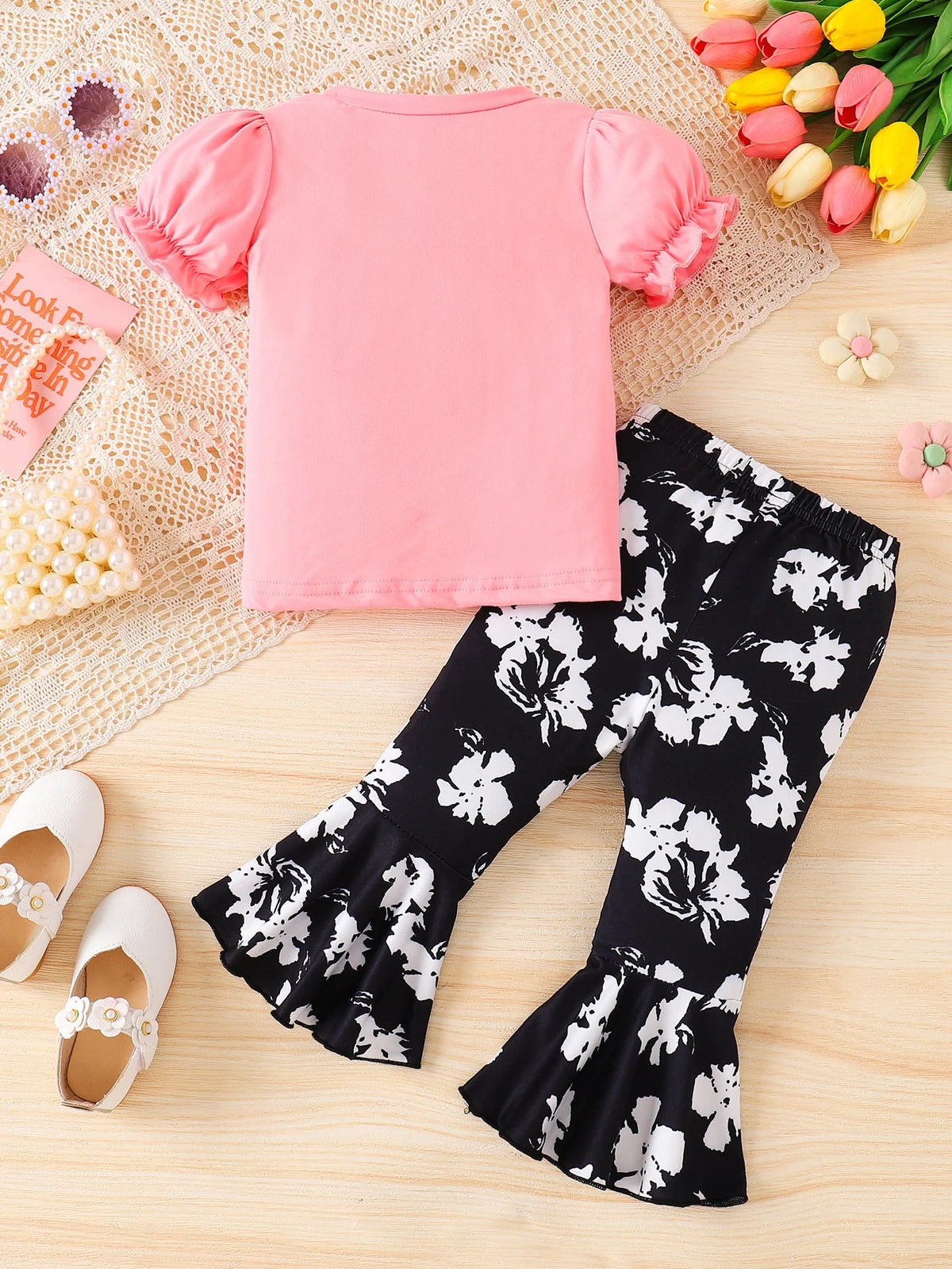 Chic Infant Baby Girl Summer Outfit: Braided T-Shirt & Stylish Bell-Bottom Pants Set