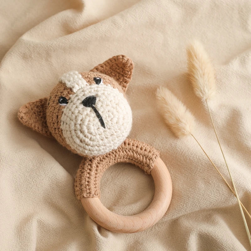 Wooden Teether Rattle - Soothing Music Ring with Rabbit Design for Babies - Pretty & Polished