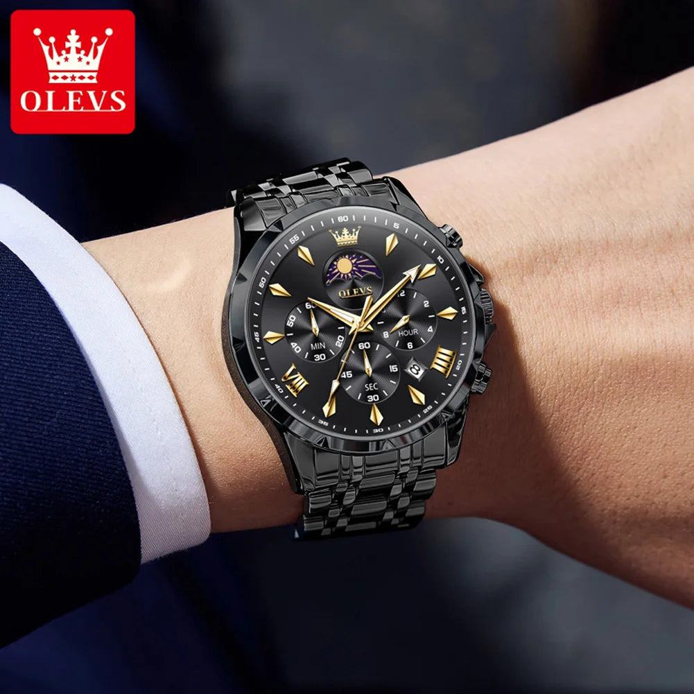 OLEVS Men's Moon Phase Quartz Watch – Luminous 24-Hour Display