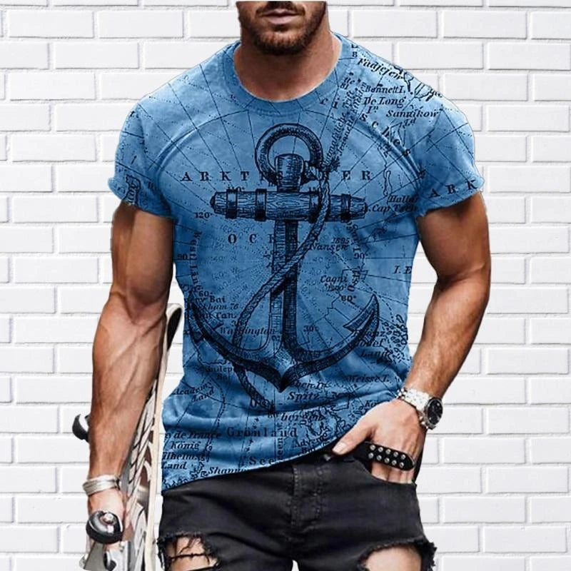 Fashion Vintage Anchor Graphic T-shirt For Men O-neck Short Sleeve T Shirts Retro Street Sports Fitness Breathable Tee Top Pop