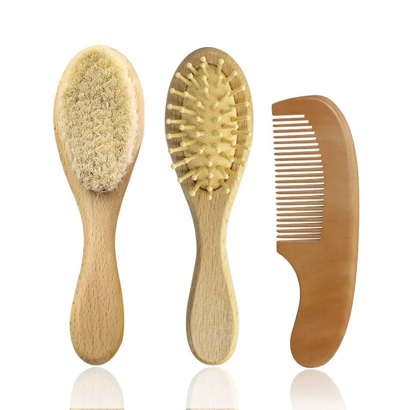 Soft Baby Wood Brush Set Newborn Baby Stuff Natural Wool Comb Infant Hair Brush Head Massager Portable Kid Baby Bath Accessories - Pretty & Polished