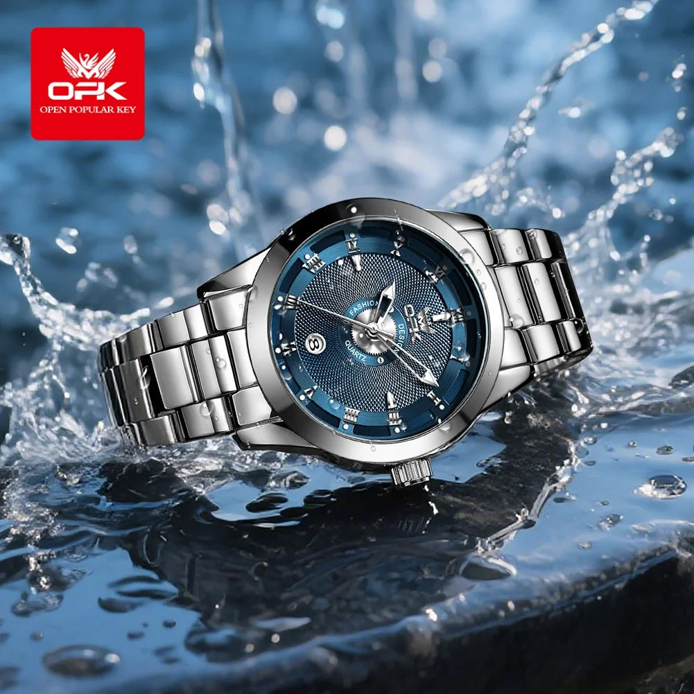 OPK Men's Roman Scale Quartz Watch – Stainless Steel Luminous Calendar