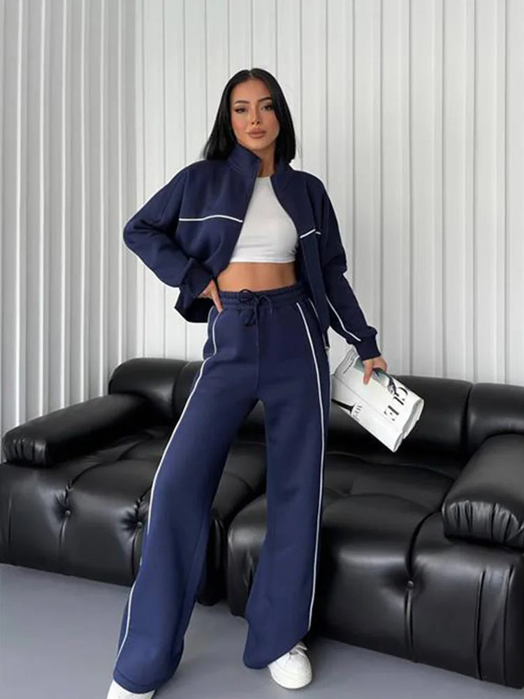 Zekye Women's Clothing Long-sleeved Semi-turtleneck Cardigan Sweater Strappy Striped Trousers Women's Suit Collection 2025