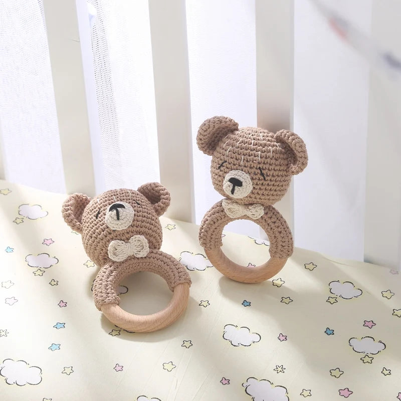 Wooden Teether Rattle - Soothing Music Ring with Rabbit Design for Babies - Pretty & Polished