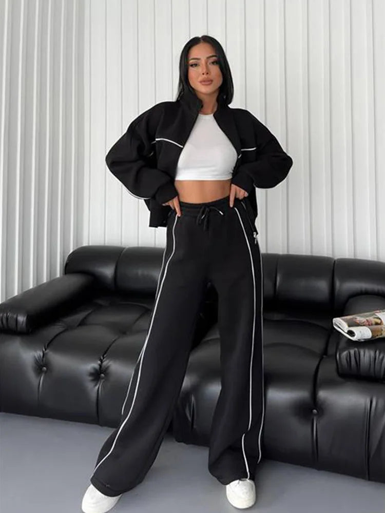 Zekye Women's Clothing Long-sleeved Semi-turtleneck Cardigan Sweater Strappy Striped Trousers Women's Suit Collection 2025