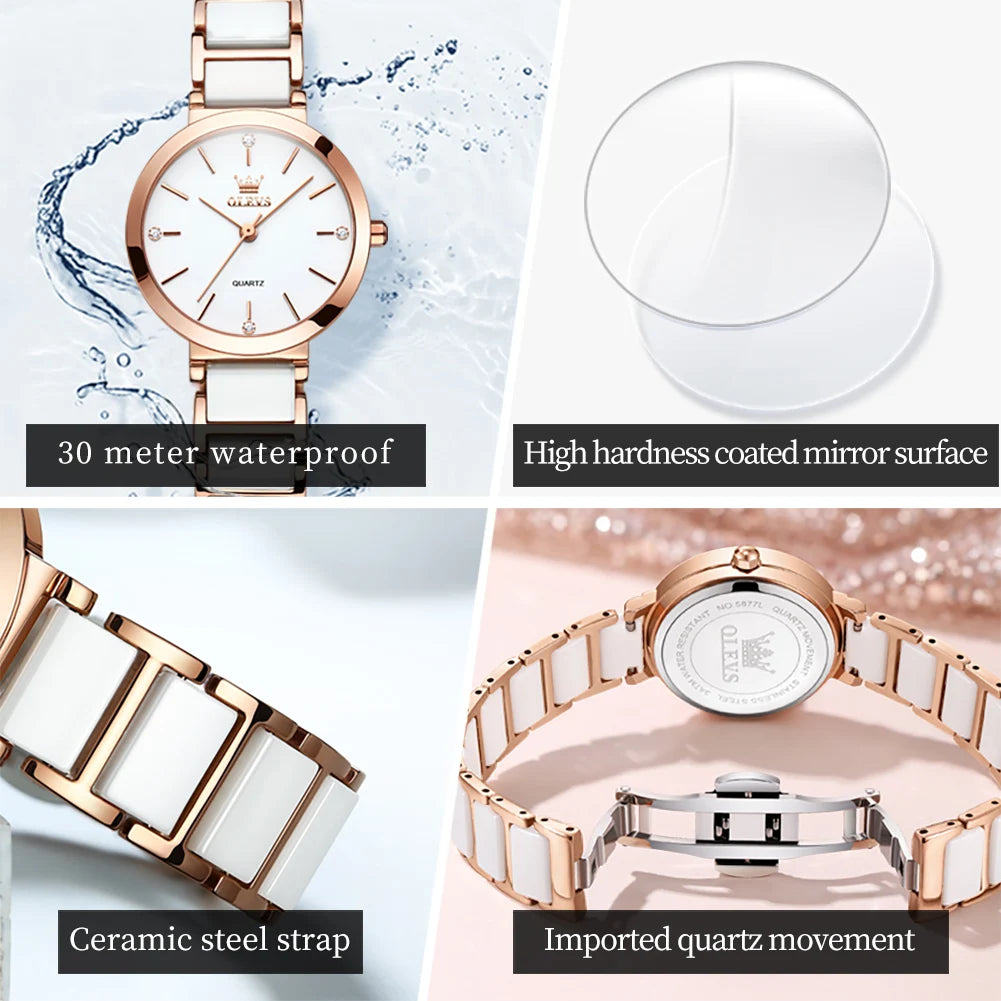 OLEVS Women's Rose Gold Ceramic Quartz Watch – Luxury Dress Watch