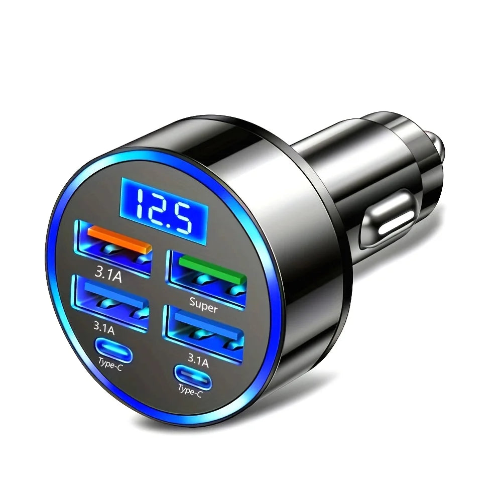 6-in-1 Fast Charging Car Adapter – Dual USB-C Digital Display 3.1A