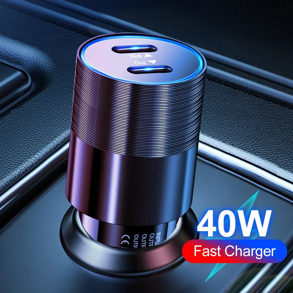 40W Dual PD USB-C Car Charger – Fast Charging for iPhone & Android