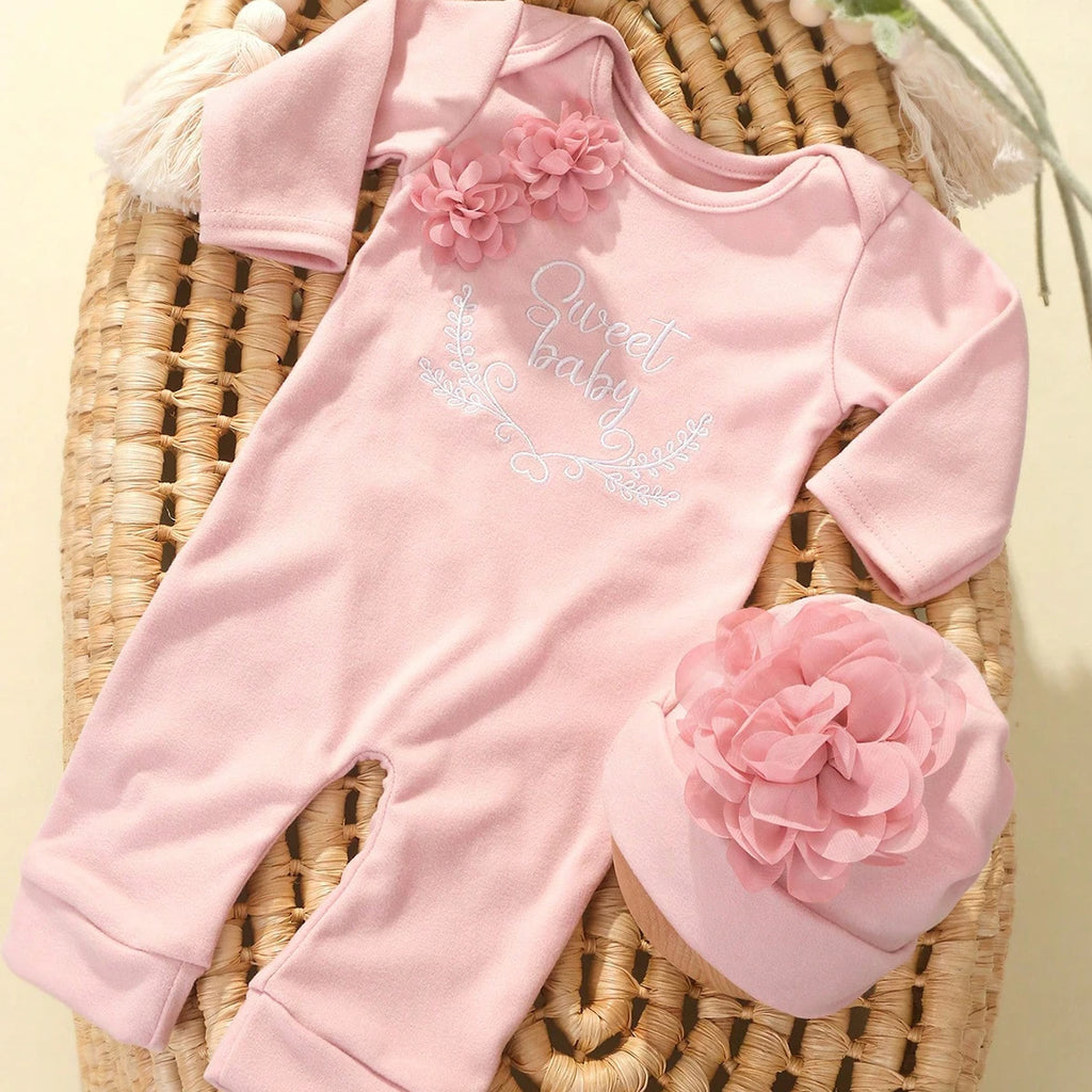 Charming Newborn Floral Cotton Rompers with Matching Hat - Perfect 2-Piece Set for Your Little Princess