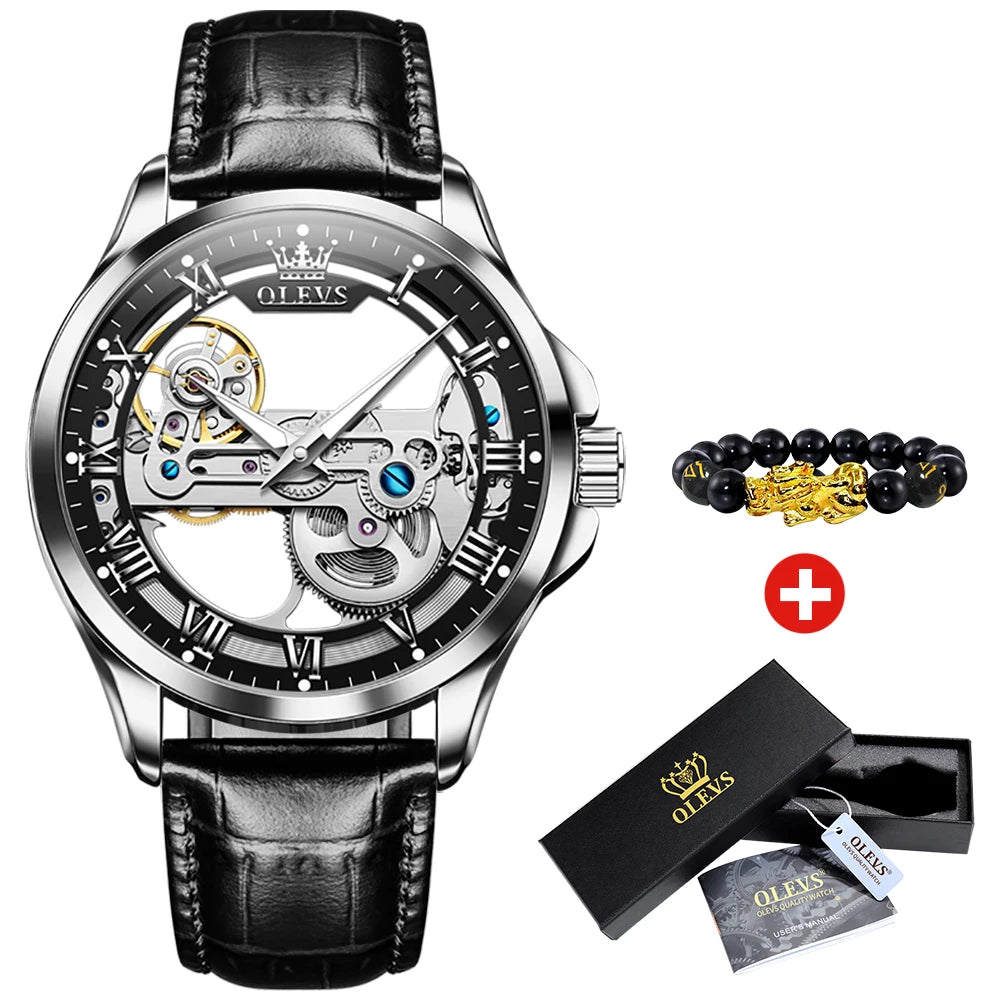 OLEVS Men's Automatic Mechanical Watch – Leather Strap Gift Box