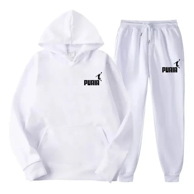 Autumn and winter new men's sportswear set, outdoor cycling windproof and warm men's hooded sweatshirt + pants 2-piece set