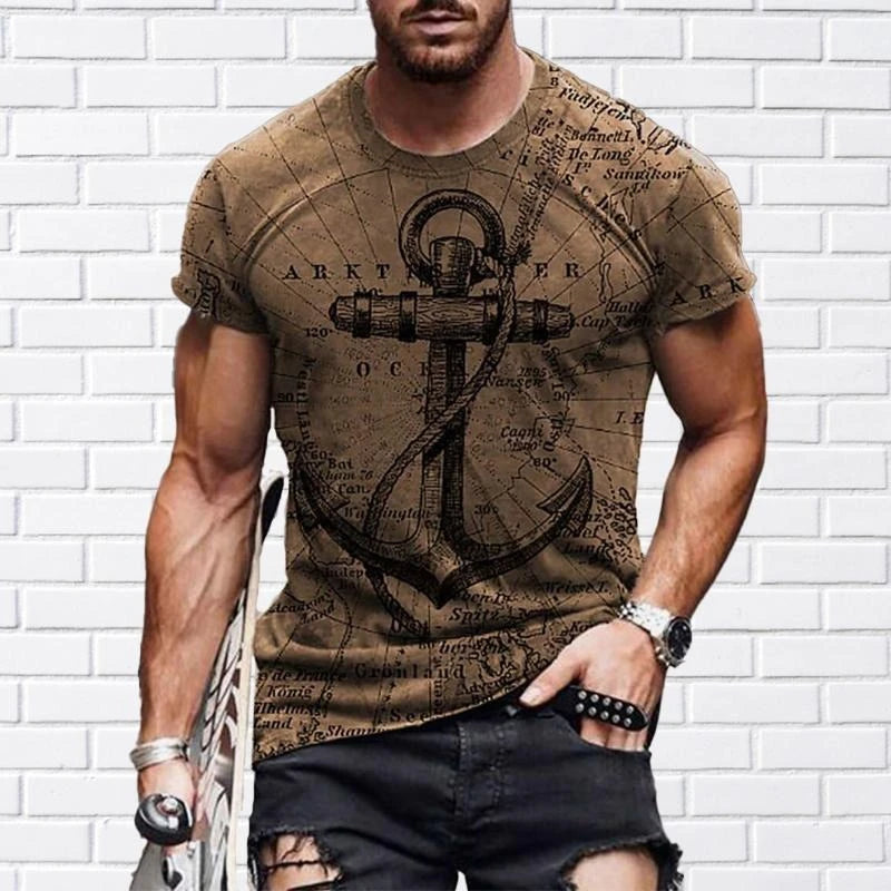 Fashion Vintage Anchor Graphic T-shirt For Men O-neck Short Sleeve T Shirts Retro Street Sports Fitness Breathable Tee Top Pop