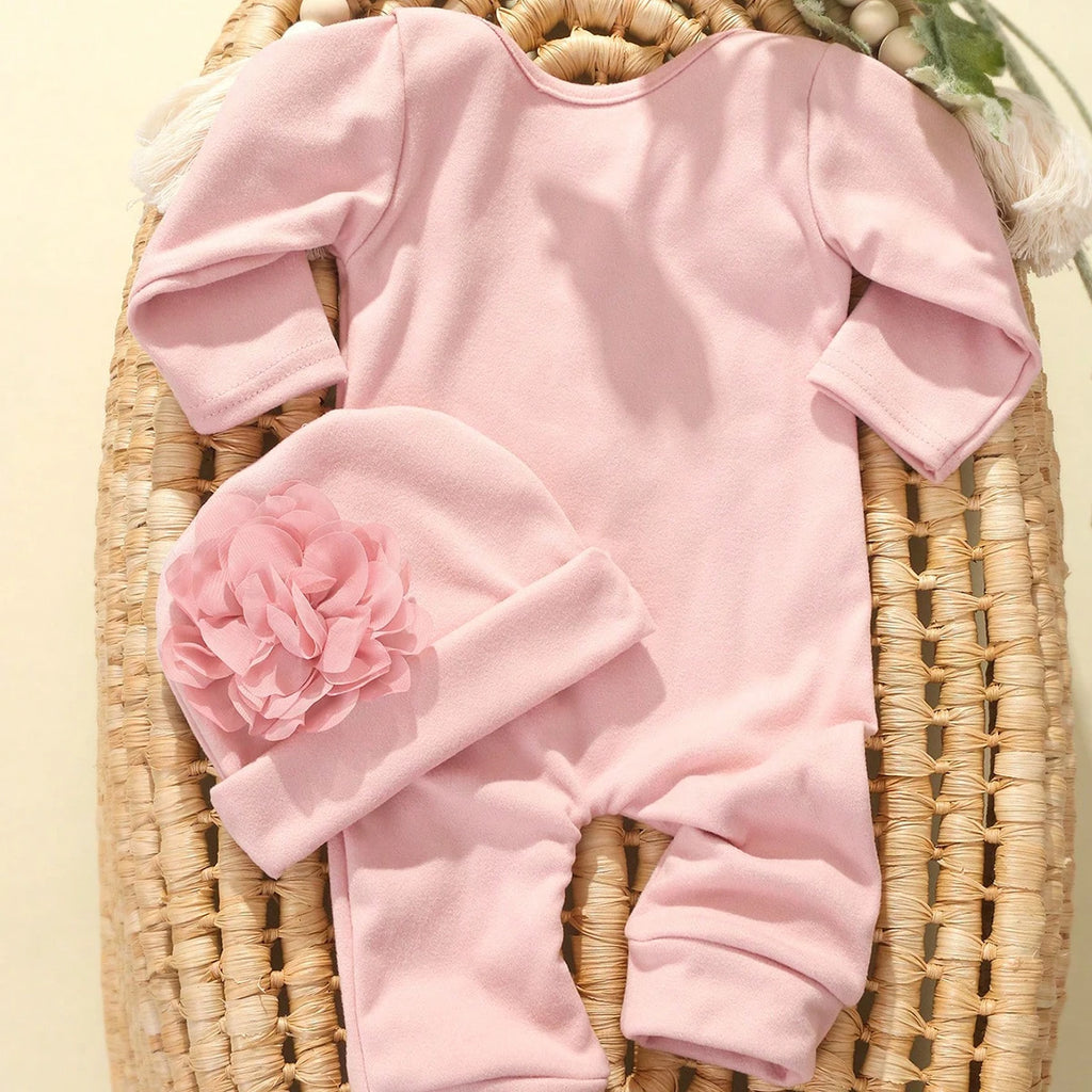 Charming Newborn Floral Cotton Rompers with Matching Hat - Perfect 2-Piece Set for Your Little Princess