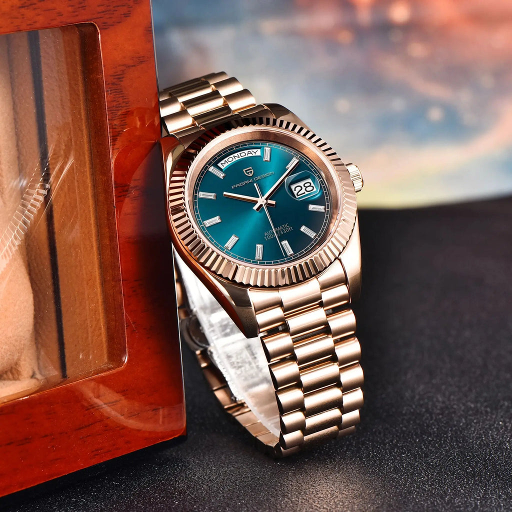 PAGANI DESIGN Men's Rose Gold Blue Automatic Watch – Sapphire Glass