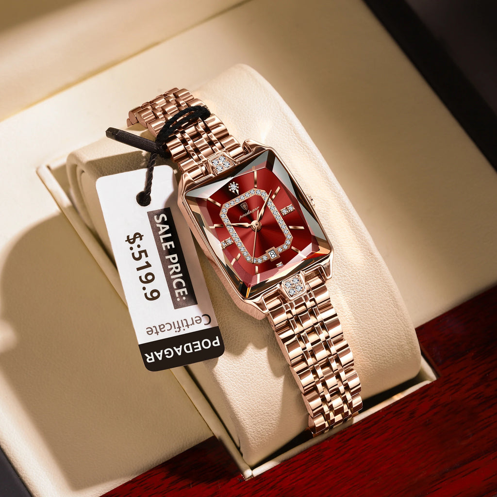 POEDAGAR Women's Elegant Rectangle Quartz Watch – Stainless Steel