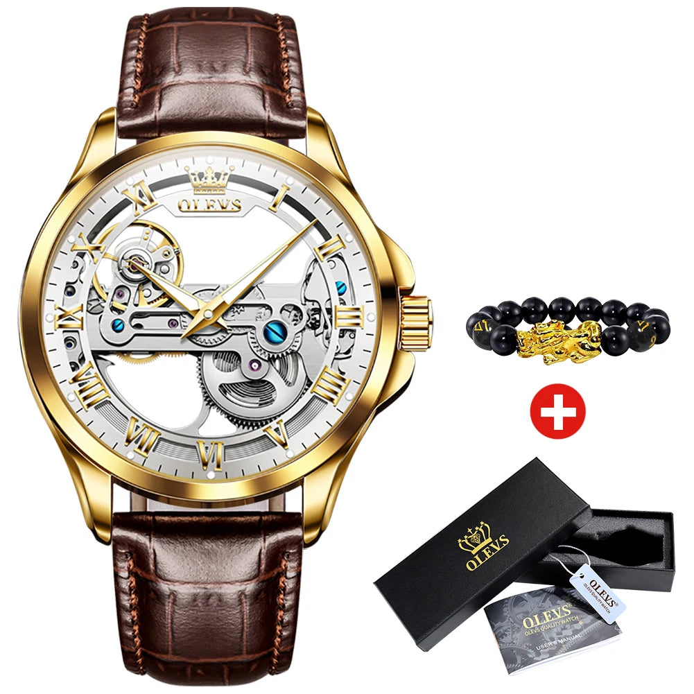 OLEVS Men's Automatic Mechanical Watch – Leather Strap Gift Box
