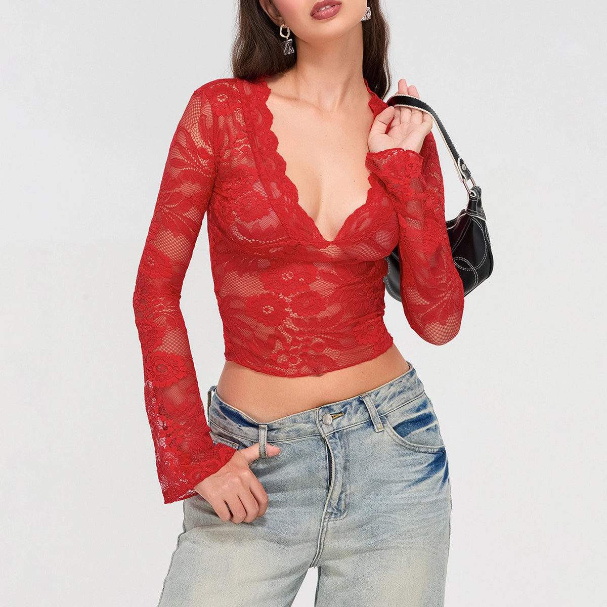 Women's Lace Floral Flared Sleeve Crop Top