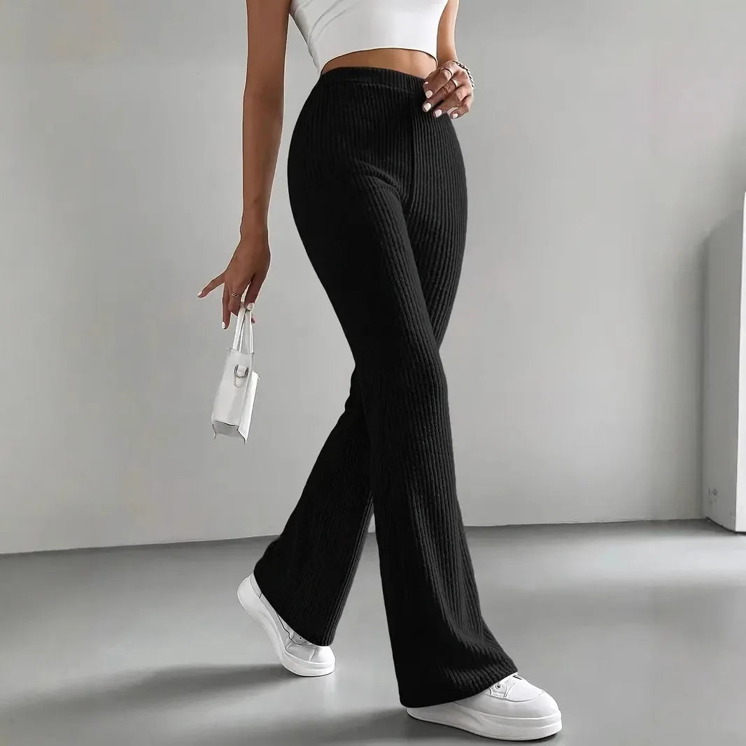 Elegant Solid Flare Pants Women Autumn Winter New Elastic Waist Knitted Skinny Casual Streetwear Basic Trousers Female