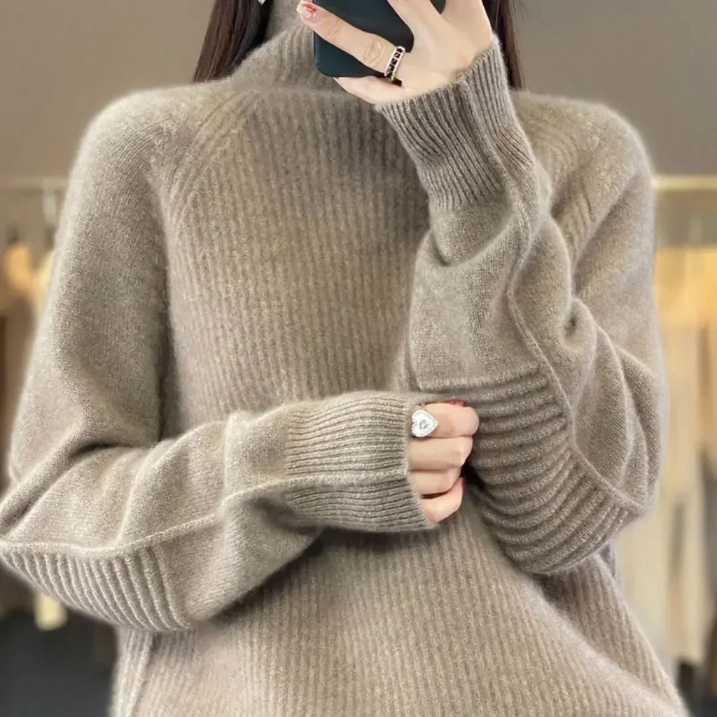 Women's 100% Wool Camel Sweater – High Collar Loose Knit Pullover