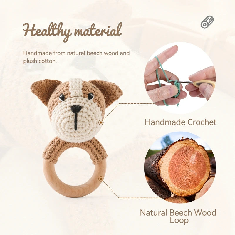 Wooden Teether Rattle - Soothing Music Ring with Rabbit Design for Babies - Pretty & Polished
